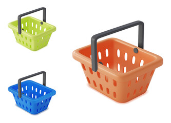 Sticker - 3d Different Colorful Shopping Basket Set Plasticine Cartoon Style. Vector illustration of Baskets for Retail Supermarket