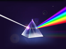Realistic Detailed 3d Prism Light Spectrum . Vector Illustration Of Glass Pyramid Refraction Of Light Rays On A Dark