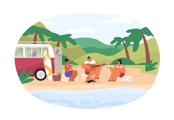 Canvas Print - Friends relaxing on picnic on summer holidays. People resting in nature with guitar and cocktails near water, on sea coast. Seaside leisure time. Flat vector illustration isolated on white background