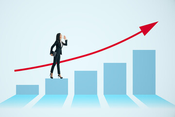 Wall Mural - Attractive young european businesswoman standing on blue business chart and red arrow. Finance, growth and success concept.