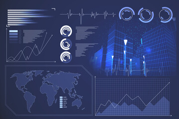 Poster - Creative glowing digital business interface on blurry blue background. Finance, innovation, trade and growth concept. 3D Rendering.