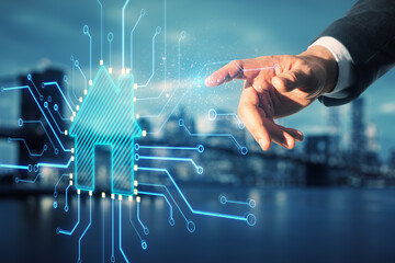 Poster - Close up of male hand pointing at abstract glowing house chip hologram on blurry night city background. Smart home, ai and information concept. Double exposure.