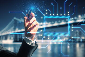 Aufkleber - Close up of man hand pointing at abstract glowing computer monitor chip and circuit hologram on blurry night city background. Technology, information and internet concept. Double exposure.