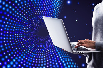 Aufkleber - Close up of hands using laptop computer on creative big data flow background. Technology, cyberspace, science and digital stream concept.