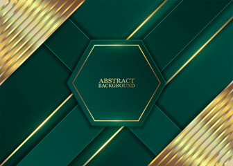 Wall Mural - Abstract green background with golden glowing stripes and hexagon. Vector illustration.