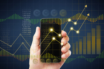 Poster - Close up of businessman hand holding smartphone with abstract glowing business chart hologram. Finance, trade and technology concept. Double exposure.