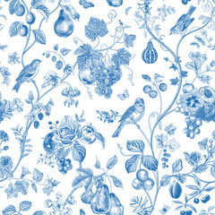 Seamless pattern. Fruit and flowers. Chinoiserie inspired. Vector vintage illustration. Blue and white