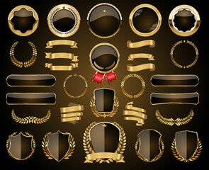 Wall Mural - collection of golden badges labels laurels shield and metal plates