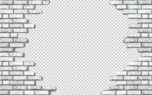 Realistic Vector Broken White Brick Wall With Transparent Background. Hole In Flat Gray Stone Wall Texture. Grey Textured Destroyed Brickwork For Print, Design, Decor, Background, Banner, Advert