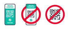 No QR Code Vector Sign Set. QR Code On Smartphone Screen In Red Crossed Out Circle Icon. Protest Against QR Code Restrictions Symbol