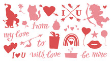 Collection Of Vector Flat Silhouettes For Valentine Day – Gnome, Cupid, Boho Rainbow, Hearts, Love Lettering Isolated. For Cutting, Love Cards, Prints, Packaging Paper Etc.