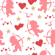 Vector Valentine Day Seamless Pattern With Cupid And Hearts Silhouettes Isolated. For Packaging Paper, Scrapbooking, Prints, Holiday Cards Etc.