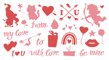 Collection of vector flat silhouettes for Valentine day – gnome, cupid, boho rainbow, hearts, love lettering isolated. For cutting, love cards, prints, packaging paper etc.