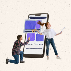 Contemporary art collage, Employees of IT company testing new mobile app or website