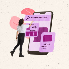 Creative design. Contemporary art collage. Young woman, professional web developer and designer testing new mobile app