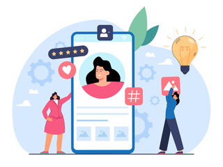 Fototapete - Woman with personal brand managing online presence or identity. Brand awareness, digital branding or marketing flat vector illustration. Internet, management concept for banner or landing web page
