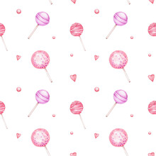 Seamless Pattern With Lolllipops And Hearts; Watercolor Hand Drawn Illustration; With White Isolated Background