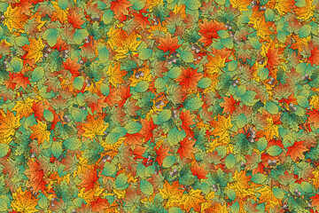 Wall Mural - Background illustration of autumn leaves.  Layers of fall leaves of green, orange and yellow.