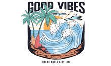 Summer Good Vibes Graphic Print Design For T Shirt Print, Poster, Sticker, Background And Other Uses. Water Wave Watercolor Retro Artwork.