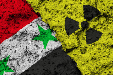 Wall Mural - Concept of the Nuclear Energy Policy of Syria with a flag and a radiation hazard sign painted on a rough wall