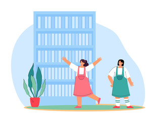 Wall Mural - Cute little cartoon girls in library or bookstore. Happy children in bookshop flat vector illustration. Education, knowledge, literature concept for banner, website design or landing web page