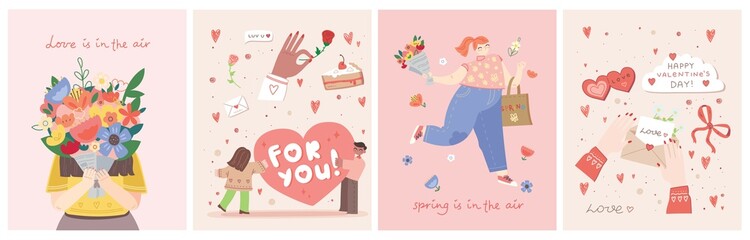 Romantic set of illustrations with man and woman. Love, love story, relationship. Vector design concept for Valentines Day