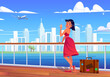 Caucasian young woman on cruise deck on sea with city skyline view