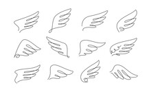 Angel Wings Vector Set. Winged Abstract Emblems Drawn With One Thin Line