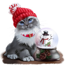 Gray Cat In A Red Cap And A Snowman In A Snowball