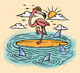 Poster - flamingo on a surfboard in the sea illustration