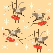 Fieldbirds Flap Their Wings, Perched On The Leafless Branches Of A Mountain Ash With Bunches Of Ripe Berries. Endless Print For Fabric. Wild Life. Christmas Pattern.
