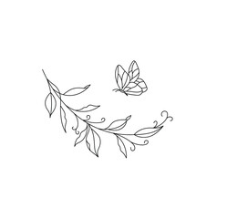 Wall Mural - Vector isolated beautiful leaf branch with butterfly contour line colorless drawing