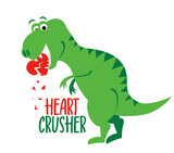 Fototapeta Dinusie - Heart Crusheer - funny hand drawn doodle, cartoon dino. Good for Poster or t-shirt textile graphic design. Vector hand drawn illustration. Happy Valentine's Day!