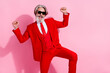 Leinwandbild Motiv Photo of excited crazy handsome man rejoice dancing nightclub feel young isolated on pink color background