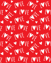 Vector Seamless Pattern Of Valentine Love Text And Hearts Isolated On Red Background
