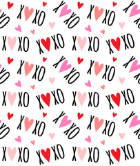 Poster - Vector seamless pattern of Valentine xoxo text and red hearts isolated on white background