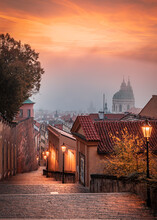 City Prague River Bridge Europe Night Castle Architecture Sunset Church Water Town Travel Tower  Reflection Building Czech Old Panorama Winter Skyline Cathedral Sky Light Fog,dawn, Autumn Sunrise
