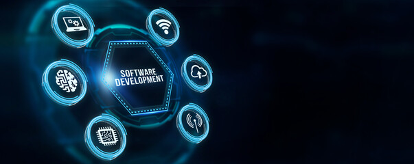 Internet, business, Technology and network concept. Inscription Software Development on the virtual display. 3d illustration.