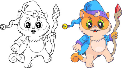 Sticker - cartoon cute cat wizard, coloring book, funny illustration
