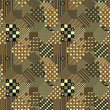 Golden Patchwork Seamless Pattern, Plaid Checkered Black, Yellow, Turquoise Background
