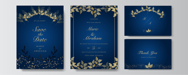 Poster - Modern elegant golden blue wedding invitation design template