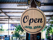 Wooden open sign or symbol with word retro cafe. Concept for opening the shop or cafe background.