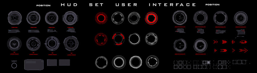 Poster - Set of gray and red circles futuristic HUD elements. Targets for navigation. Game interfaces and technologies HUD, UI. Panel with circles on black background