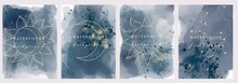 Set Of Vector Watercolour Universal Backgrounds With Glitter And Copy Space For Text. Astrology Element, Space Objects, Stars, Sun And Moon. Vector Illustration 