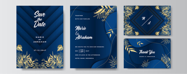 Wall Mural - Premium elegant golden blue wedding invitation design template
