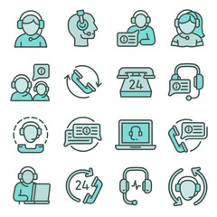 Poster - Call center employees icons set outline vector. Contact dispatch. Receptionist headset