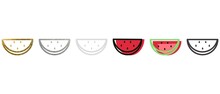 Watermelon.  Berry. Icon. Collection Of Watermelon In Different Styles. Contour Pattern. Available In Gold, Silver, White, Gray, Black. Linear Graphics. Doodles. Emblem, Badge, Silhouette. Vector