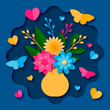 Vector Illustration In Paper Cut Out Style. Vase With Flowers, Butterflies And Hearts On A Blue Background. Illustration For Valentine's Day, International Women's Day, Birthday, Etc.