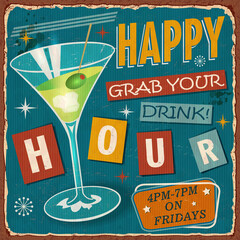 Vintage Happy Hour metal sign.Retro poster 1950s style.