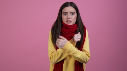 Poster - Lady youth suffer frosty weather shiver isolated pastel color background